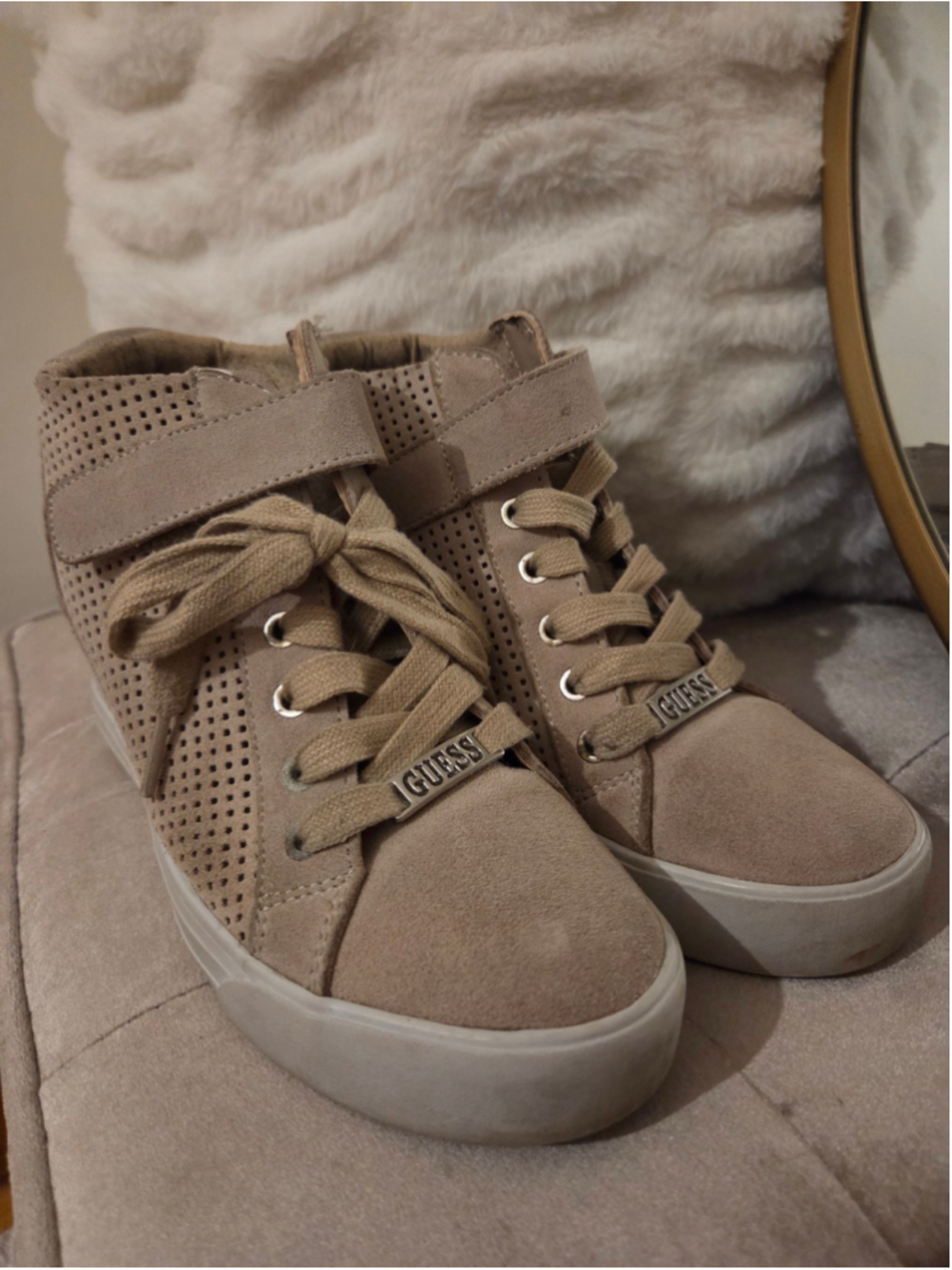Women's Guess Wedge Suede Sneakers Beige Size 7.5